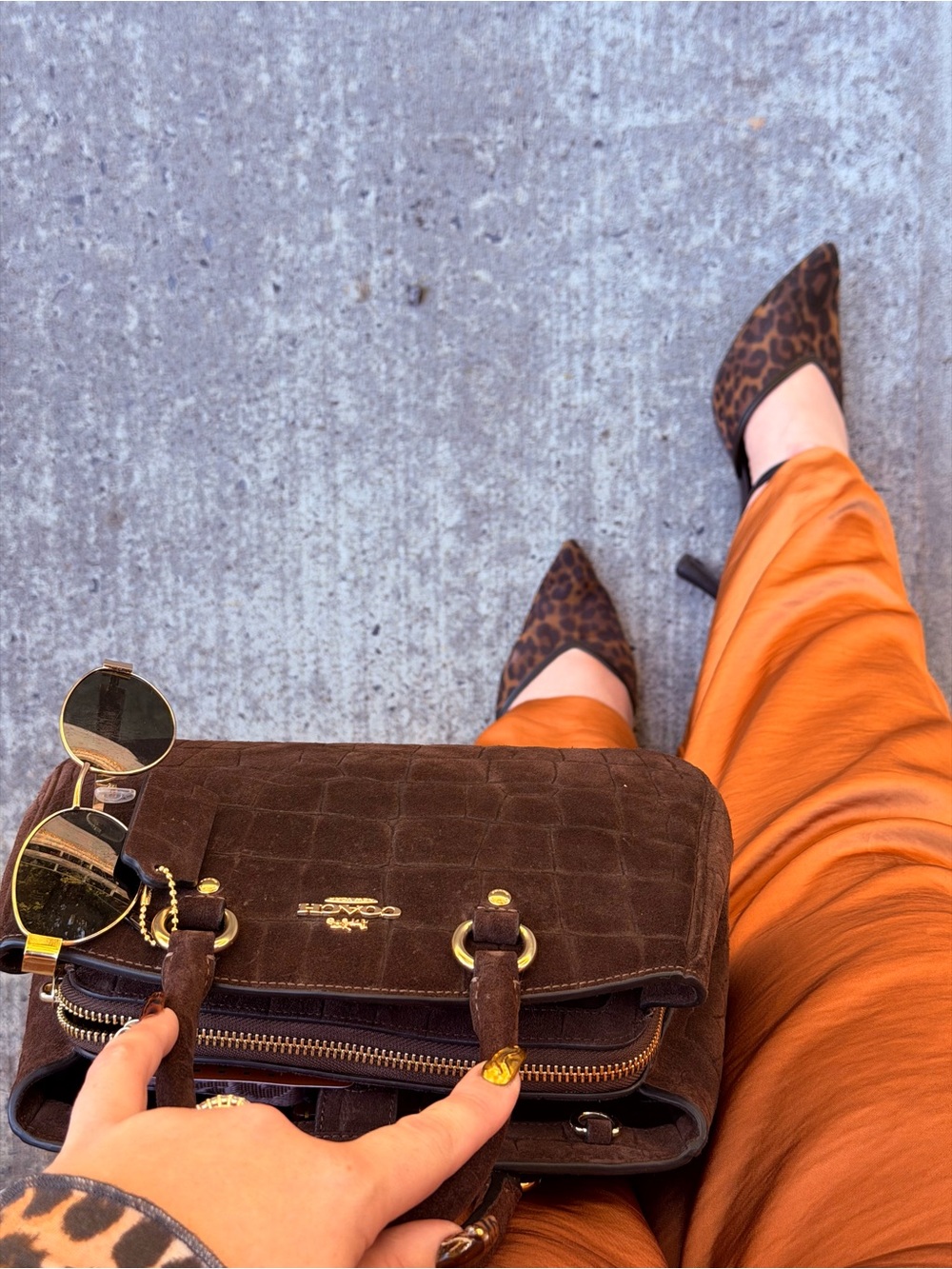 Coach Dark Brown Croc-Embossed Suede Satchel with Leopard Scarf